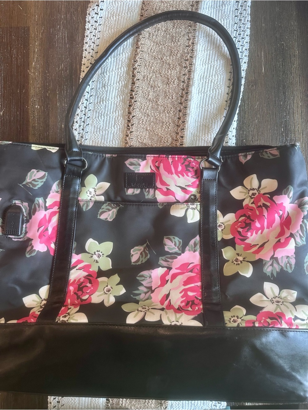 Women’s Floral Black Laptop Tote with Pink Rose Accents